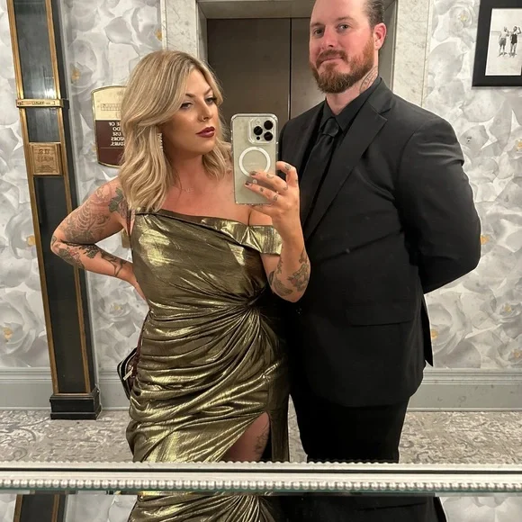 Mac Duggal Metallic Off the Shoulder Gown